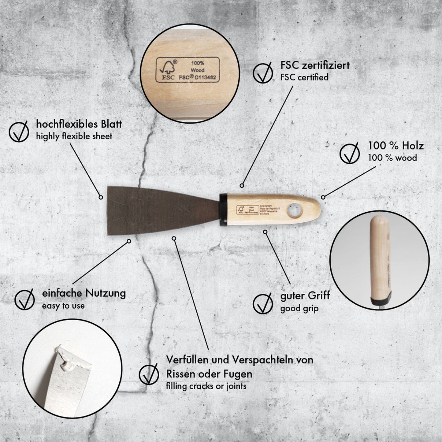 Malerspachtel 40 mm Spachtel Gipsspachtel Holzgriff Stahlblatt