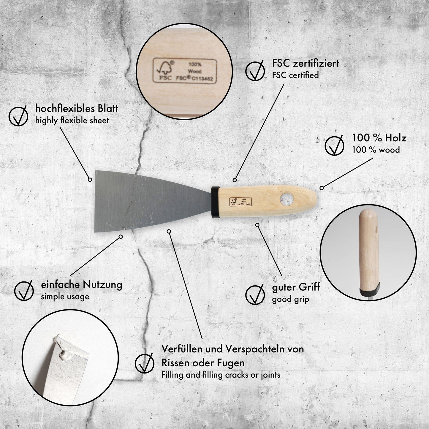 Malerspachtel 60 mm Spachtel Gipsspachtel Holzgriff Stahlblatt