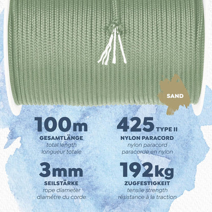 CAMPAIR Paracord Seil 100m reißfest sand Nylon Fallschirmschnur Camping Leine