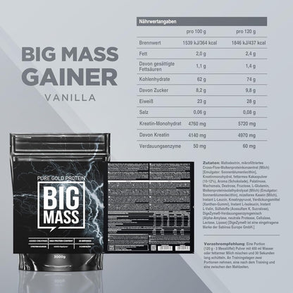 Pure Gold Big Mass Protein Kreatin Pulver 3kg Vanille Shake Muskelaufbau Fitness