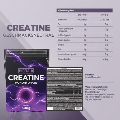 Pure Gold Kreatin Monohydrat Protein Pulver 500g Geschmacksneutral Muskelaufbau