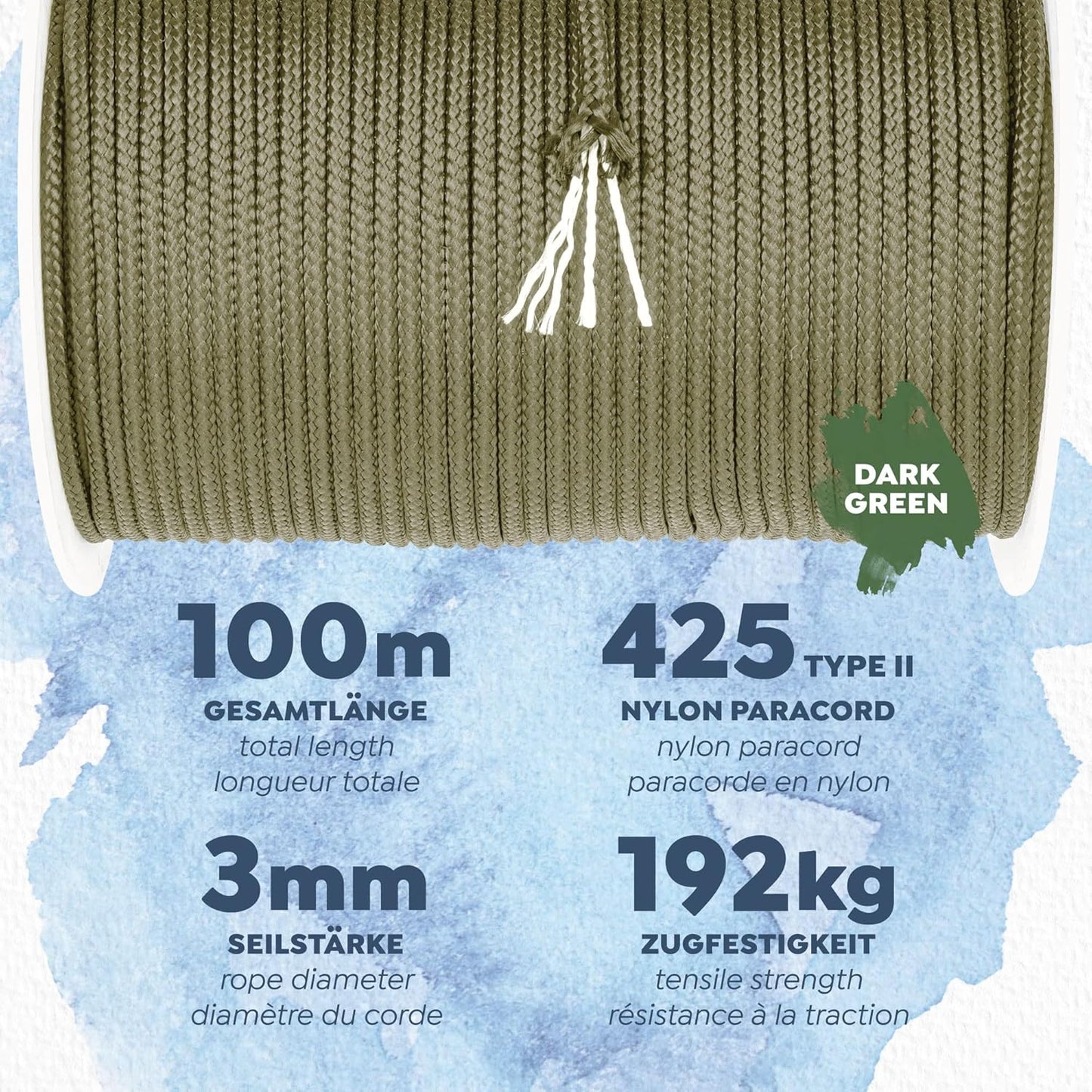 CAMPAIR Paracord Seil 100m reißfest dunkelgrün Fallschirmschnur Camping Leine