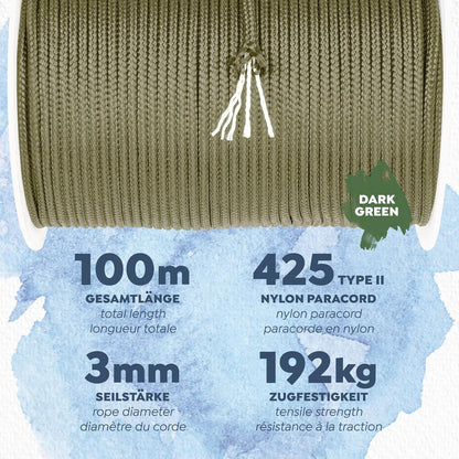 CAMPAIR Paracord Seil 100m reißfest dunkelgrün Fallschirmschnur Camping Leine