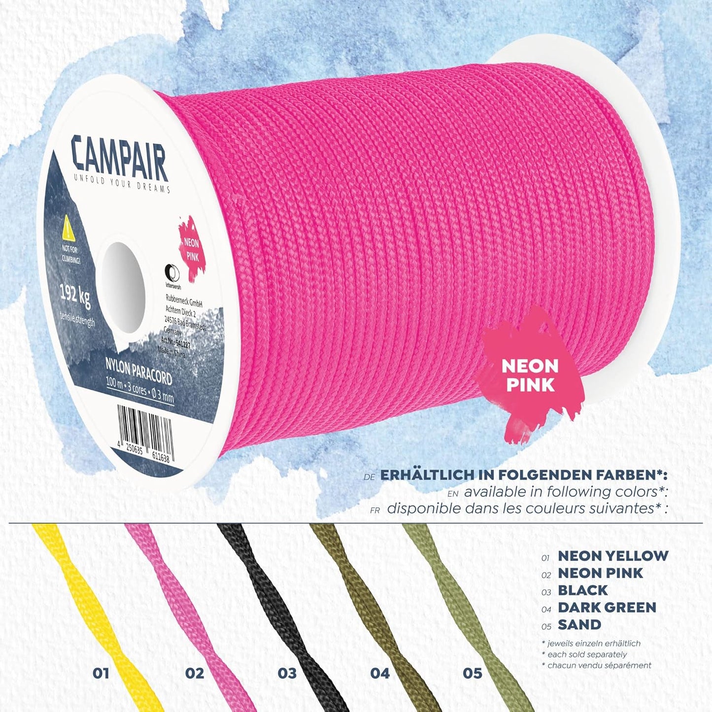 CAMPair Paracord Seil 100m reißfest neon pink Leine Fallschirmschnur Camping