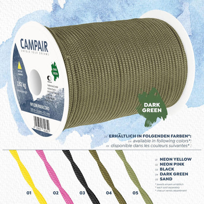 CAMPAIR Paracord Seil 100m reißfest dunkelgrün Fallschirmschnur Camping Leine