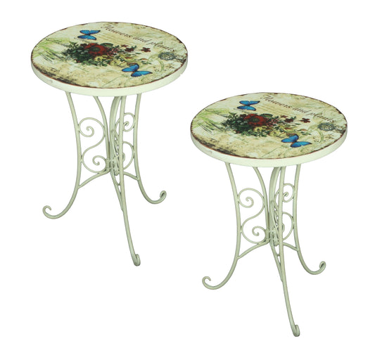 2er Set Beistelltisch FLORAL Garten Balkon Tisch rund Shabby Vintage Stil weiß