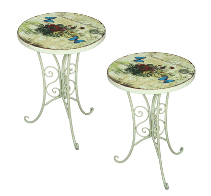 2er Set Beistelltisch FLORAL Garten Balkon Tisch rund Shabby Vintage Stil weiß