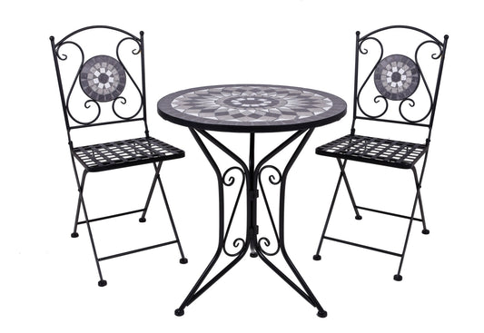 Balkonset JALUA 3-tlg Steingut Mosaik weiß grau Garten Sitzgruppe Outdoor Set