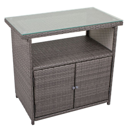 Sideboard m. Glasplatte Rattan Optik Garten Schrank Kommode Stehtisch Tisch