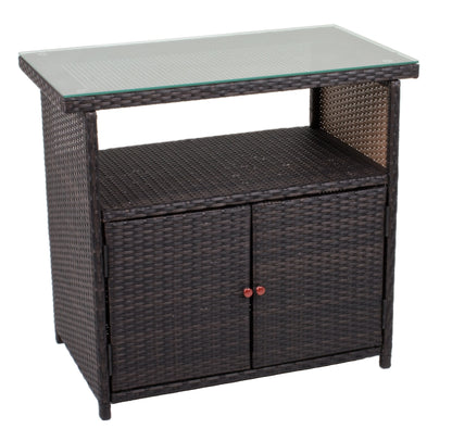 Sideboard m. Glasplatte Rattan Optik Garten Schrank Kommode Stehtisch Tisch