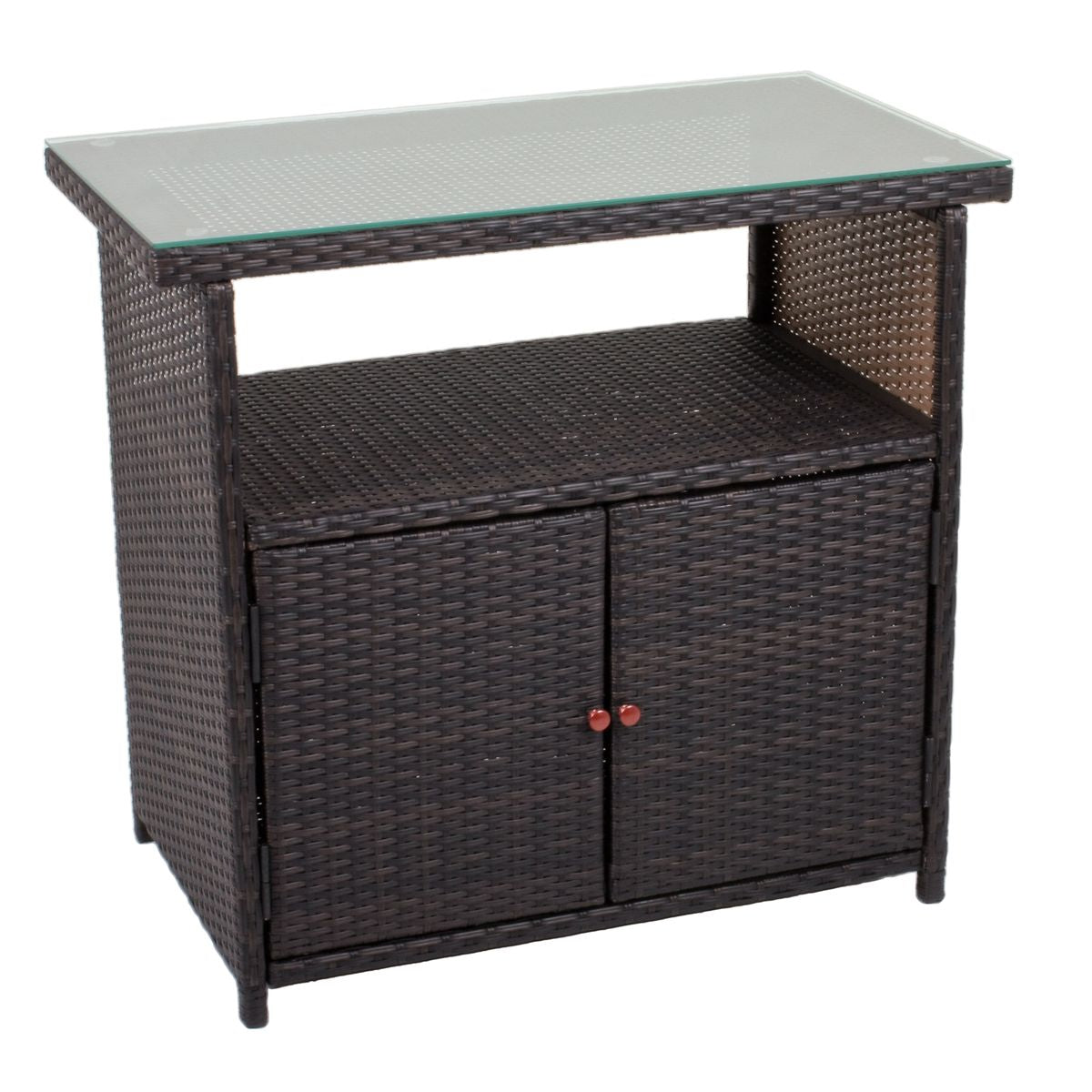 Sideboard m. Glasplatte Rattan Optik Garten Schrank Kommode Stehtisch Tisch