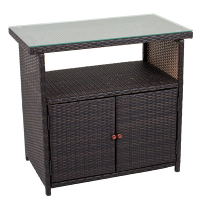 Sideboard m. Glasplatte Rattan Optik Garten Schrank Kommode Stehtisch Tisch