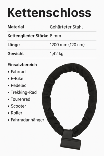 8mm Fahrradschloss 120cm Kettenschloss 3 Schlüssel Panzerschloss Motorradschloss