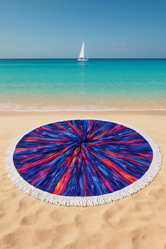 Großes rundes Mikrofaser Strandtuch mit Fransen Ø 150cm Bohemian-Stil Badetuch