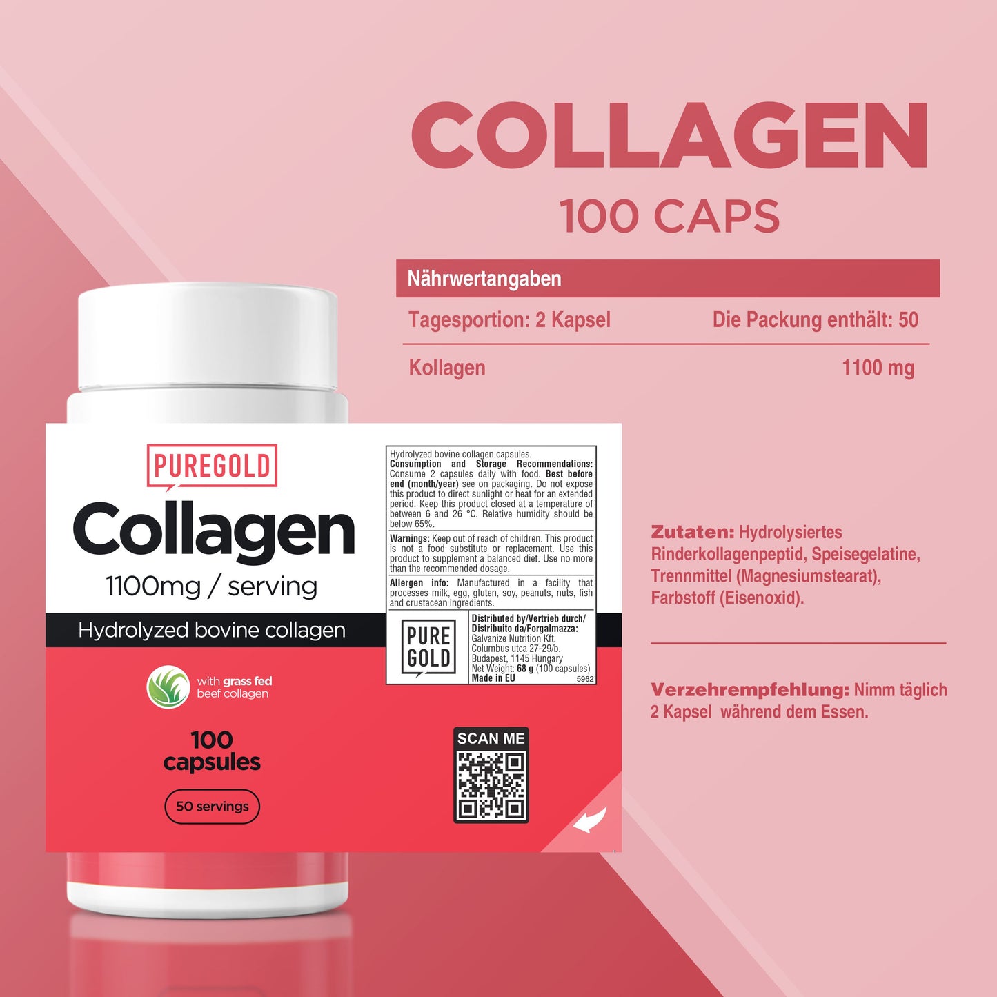 Pure Gold Protein Collagen Kapseln  100 St. Kollagen Rinderkollagen hydrolysiert