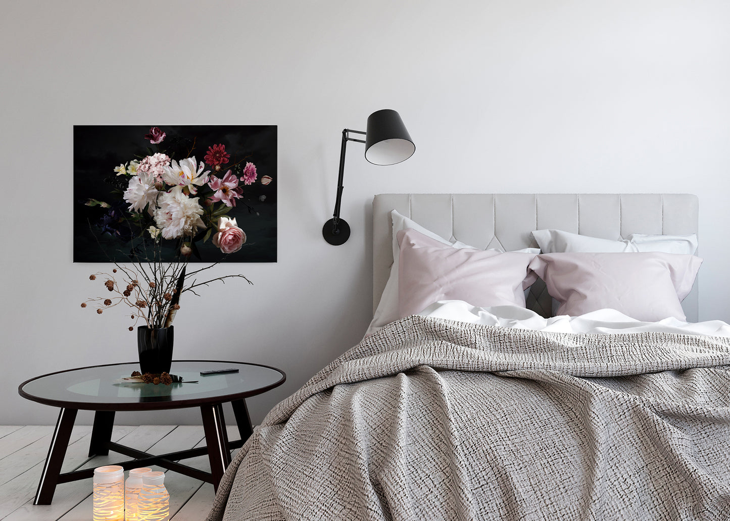 Blumen Leinwandbild Weiß Schwarz 90x60 DD120255 Wohnzimmer Wandbild Floral