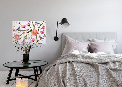 Blumen Leinwandbild Rosa Grün 90x60 DD120262 Wandbild Vögel Natur Leinwand