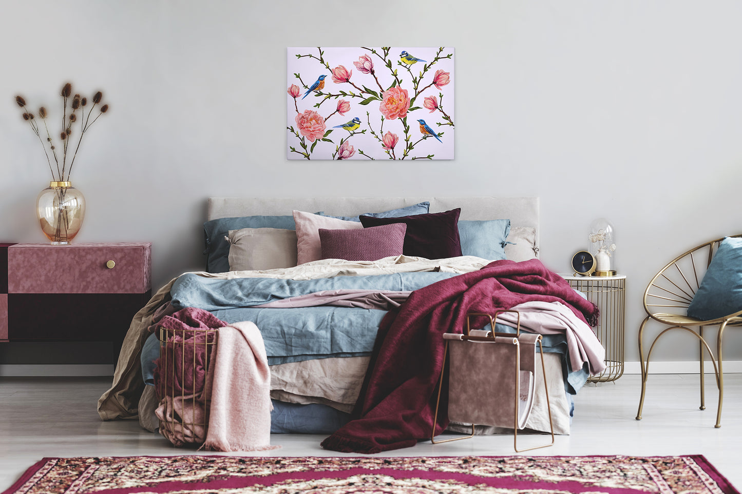 Blumen Leinwandbild Rosa Grün 90x60 DD120262 Wandbild Vögel Natur Leinwand