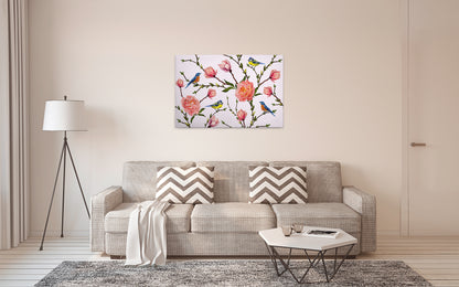 Blumen Leinwandbild Rosa Grün 90x60 DD120262 Wandbild Vögel Natur Leinwand