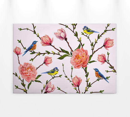 Blumen Leinwandbild Rosa Grün 90x60 DD120262 Wandbild Vögel Natur Leinwand
