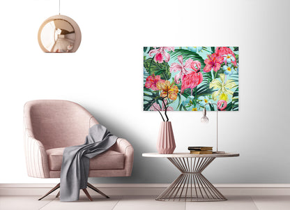 Blumen Leinwandbild Flamingos 90x60 DD120265 Wandbild Grün Rosa Leinwand Natur