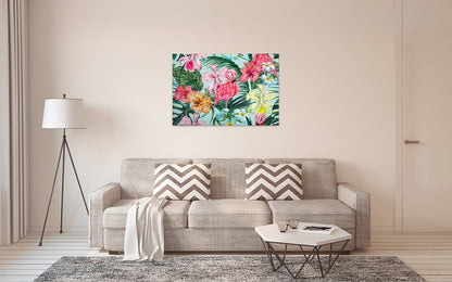 Blumen Leinwandbild Flamingos 90x60 DD120265 Wandbild Grün Rosa Leinwand Natur