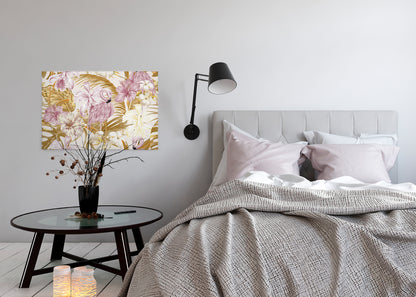 Leinwandbild Flamingos Gelb Rosa Blumen 90x60 DD120266 Keilrahmen Wandbild