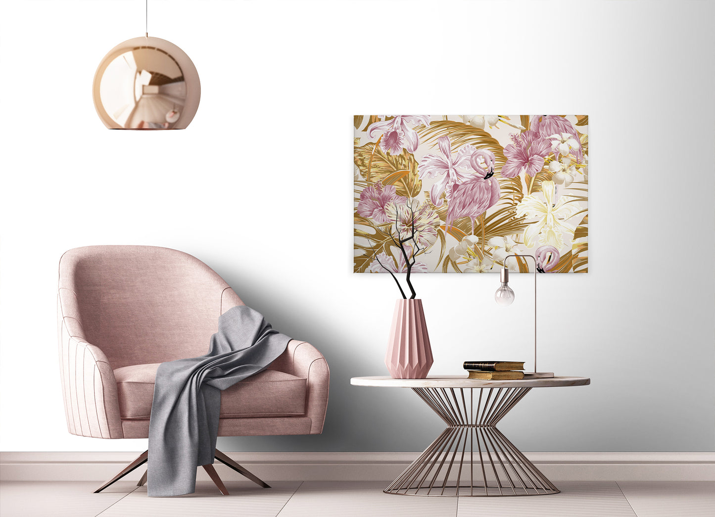 Leinwandbild Flamingos Gelb Rosa Blumen 90x60 DD120266 Keilrahmen Wandbild