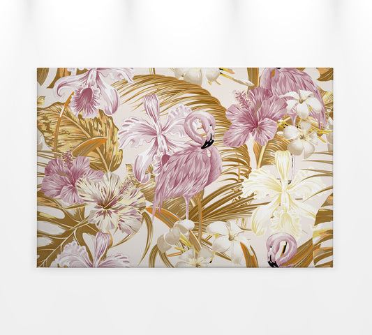 Leinwandbild Flamingos Gelb Rosa Blumen 90x60 DD120266 Keilrahmen Wandbild