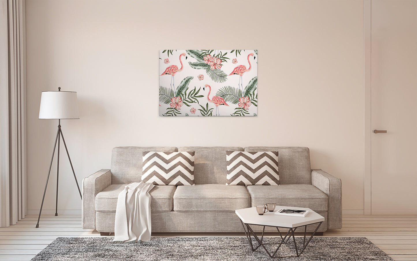 Flamingo Blume Leinwandbild 90x60 DD120269 Wandbild Grün Leinwand Rosa Tiere