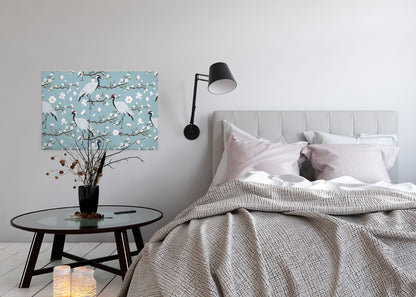 Blumen Leinwandbild mit Vögeln 90x60 DD120271 Keilrahmenbild Blau Weiß Wandbild