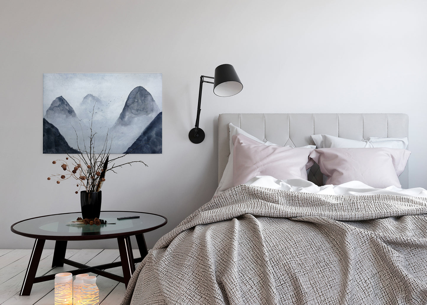 Leinwandbild Nebel Berge 90x60 DD120296 Keilrahmen Blau Schwarz Wandbild Natur