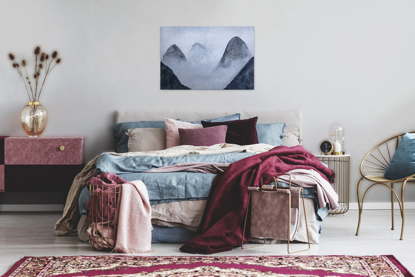 Leinwandbild Nebel Berge 90x60 DD120296 Keilrahmen Blau Schwarz Wandbild Natur