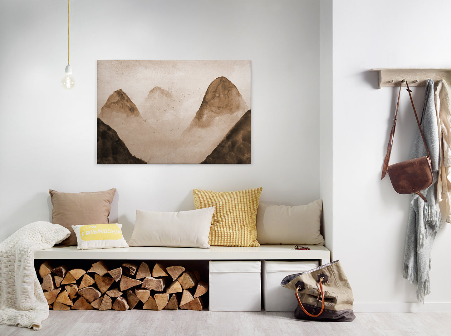 Leinwandbild Nebel Berge Beige Braun 90x60 DD120297 Keilrahmenbild Wandbild