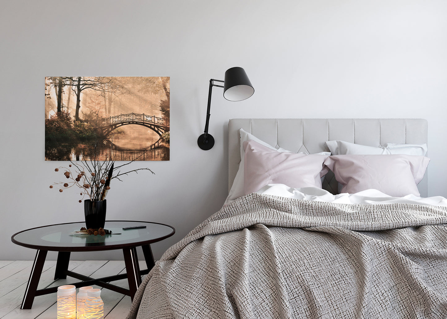 Brücke Leinwandbild Park Beige Braun 90x60 DD120303 Keilrahmen Wandbild Leinwand