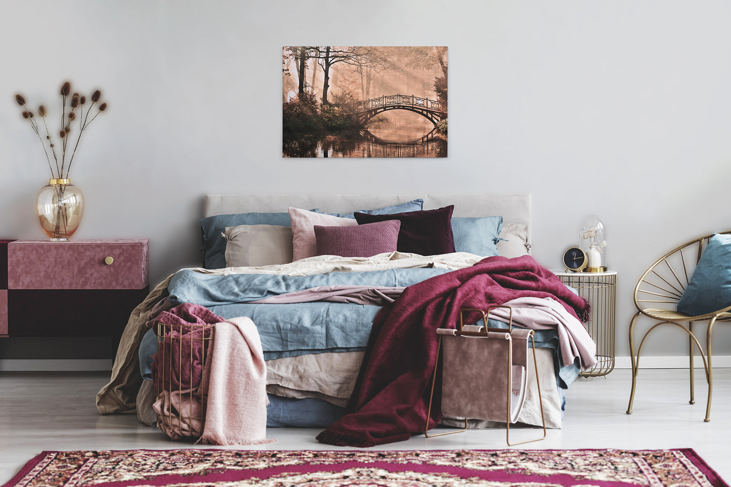 Brücke Leinwandbild Park Beige Braun 90x60 DD120303 Keilrahmen Wandbild Leinwand