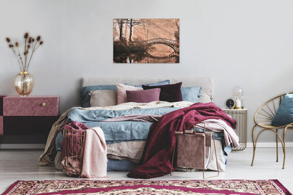 Brücke Leinwandbild Park Beige Braun 90x60 DD120303 Keilrahmen Wandbild Leinwand