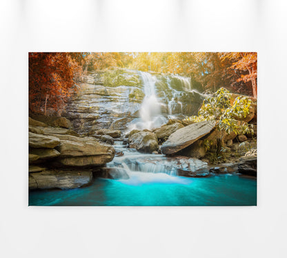 Leinwandbild Wasserfall Orange Gelb Blau 90x60 DD120318 Keilrahmenbild Wandbild