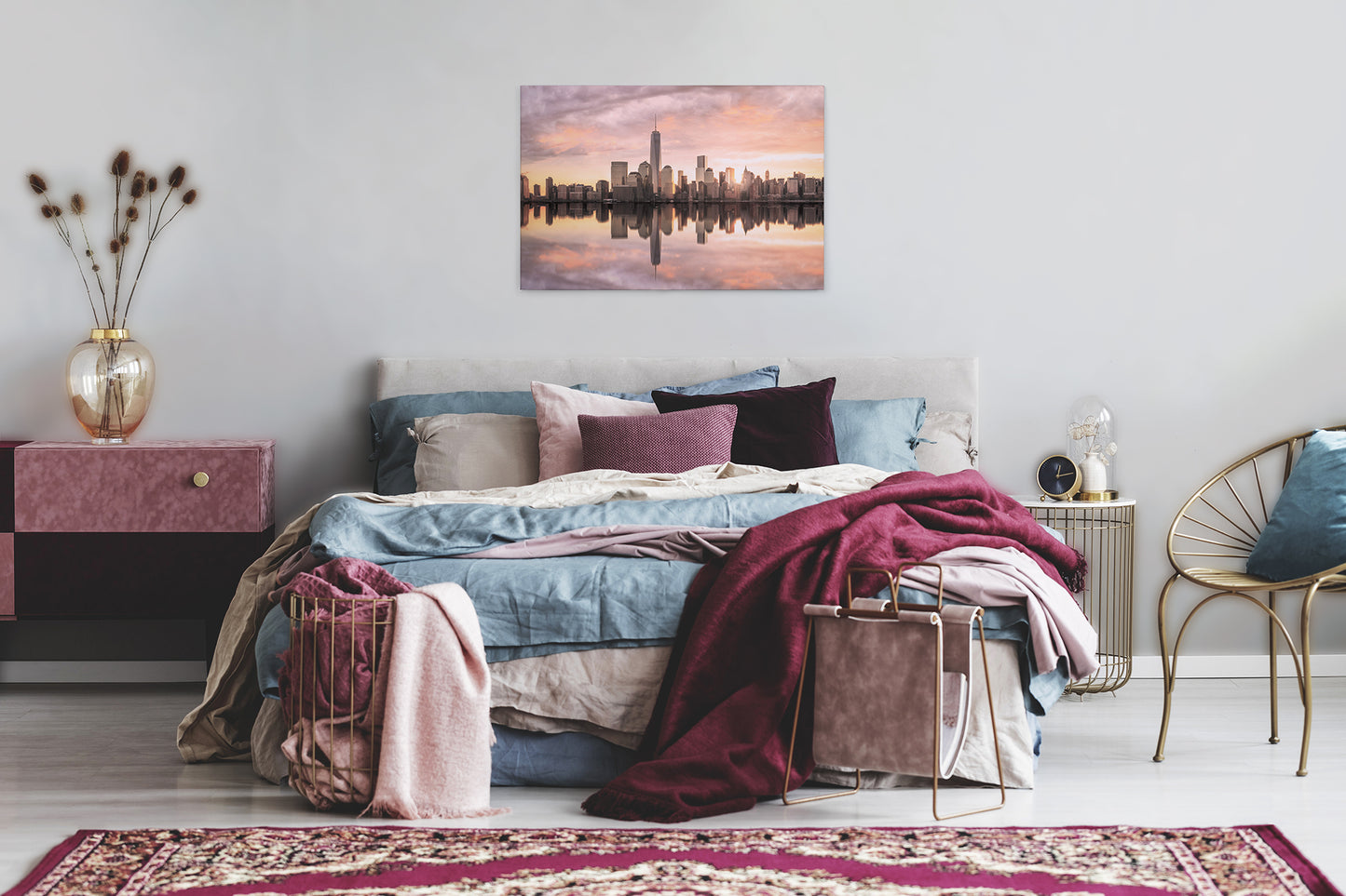 New York Skyline Leinwandbild Grau Orange 90x60 DD120327 Wandbild Leinwand USA