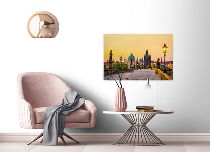 Prag Leinwandbild Karlsbrücke Gelb Beige 90x60 DD120331 Keilrahmen Wandbild