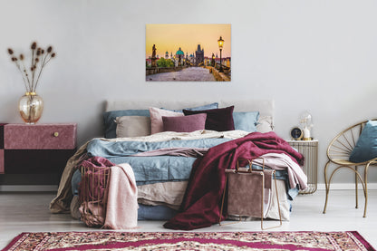Prag Leinwandbild Karlsbrücke Gelb Beige 90x60 DD120331 Keilrahmen Wandbild