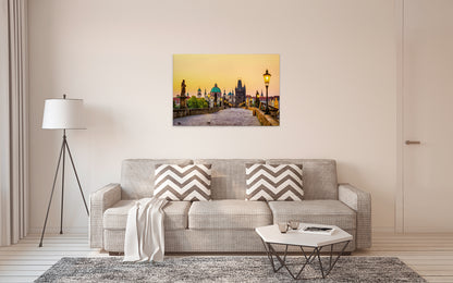 Prag Leinwandbild Karlsbrücke Gelb Beige 90x60 DD120331 Keilrahmen Wandbild