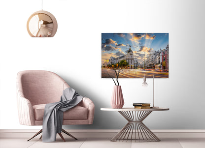 Leinwandbild Gran Via Madrid Grau Grün 90x60 DD120333 Keilrahmen Wandbild