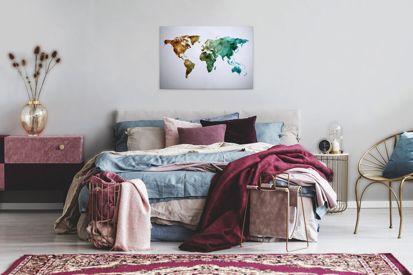 Weltkarte Leinwandbild Grün Blau Rot 90x60 DD120341 Wandbild Leinwand Modern