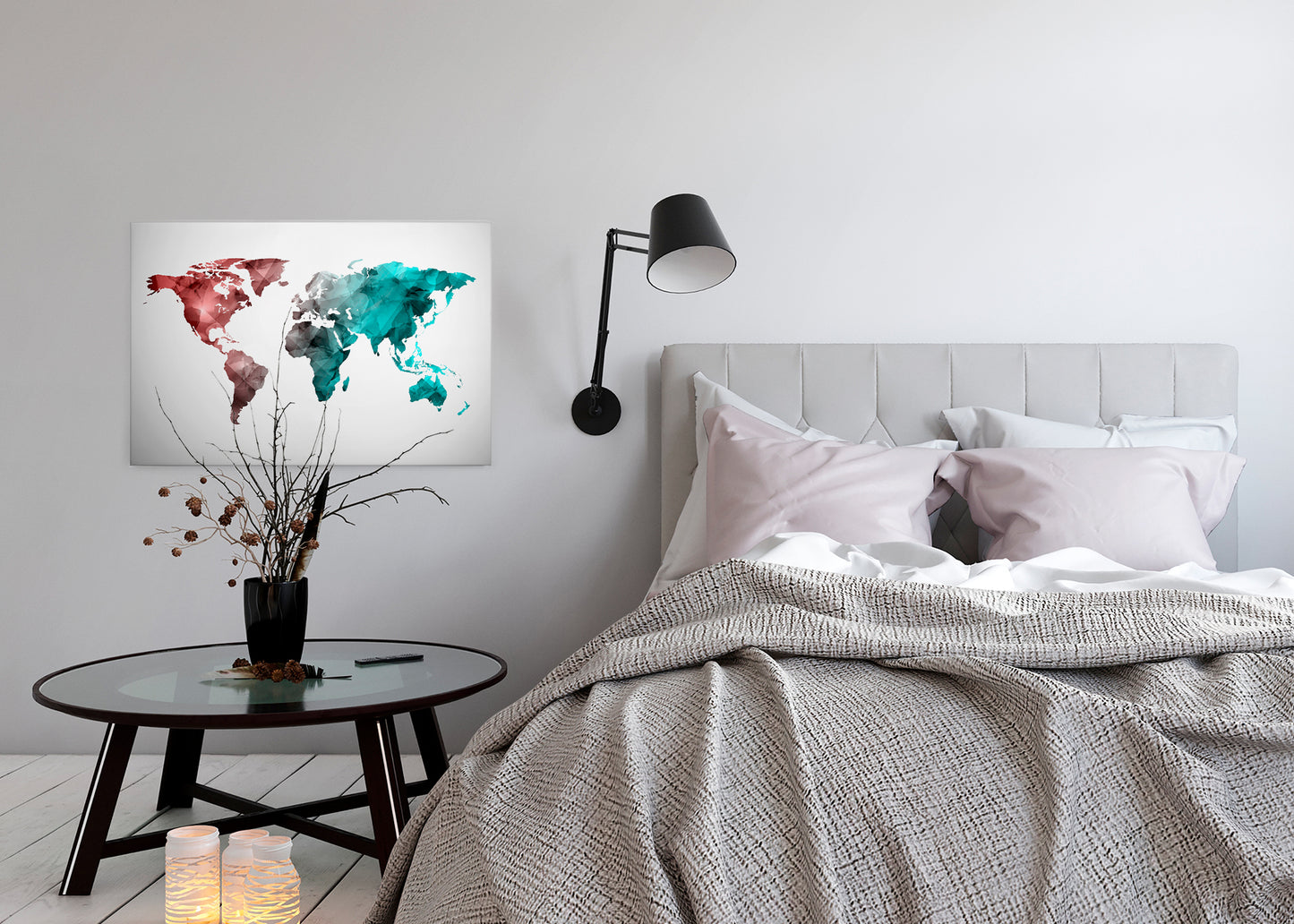 Weltkarte Leinwandbild Blau Rot Grau 90x60 DD120342 Wandbild Leinwand Modern