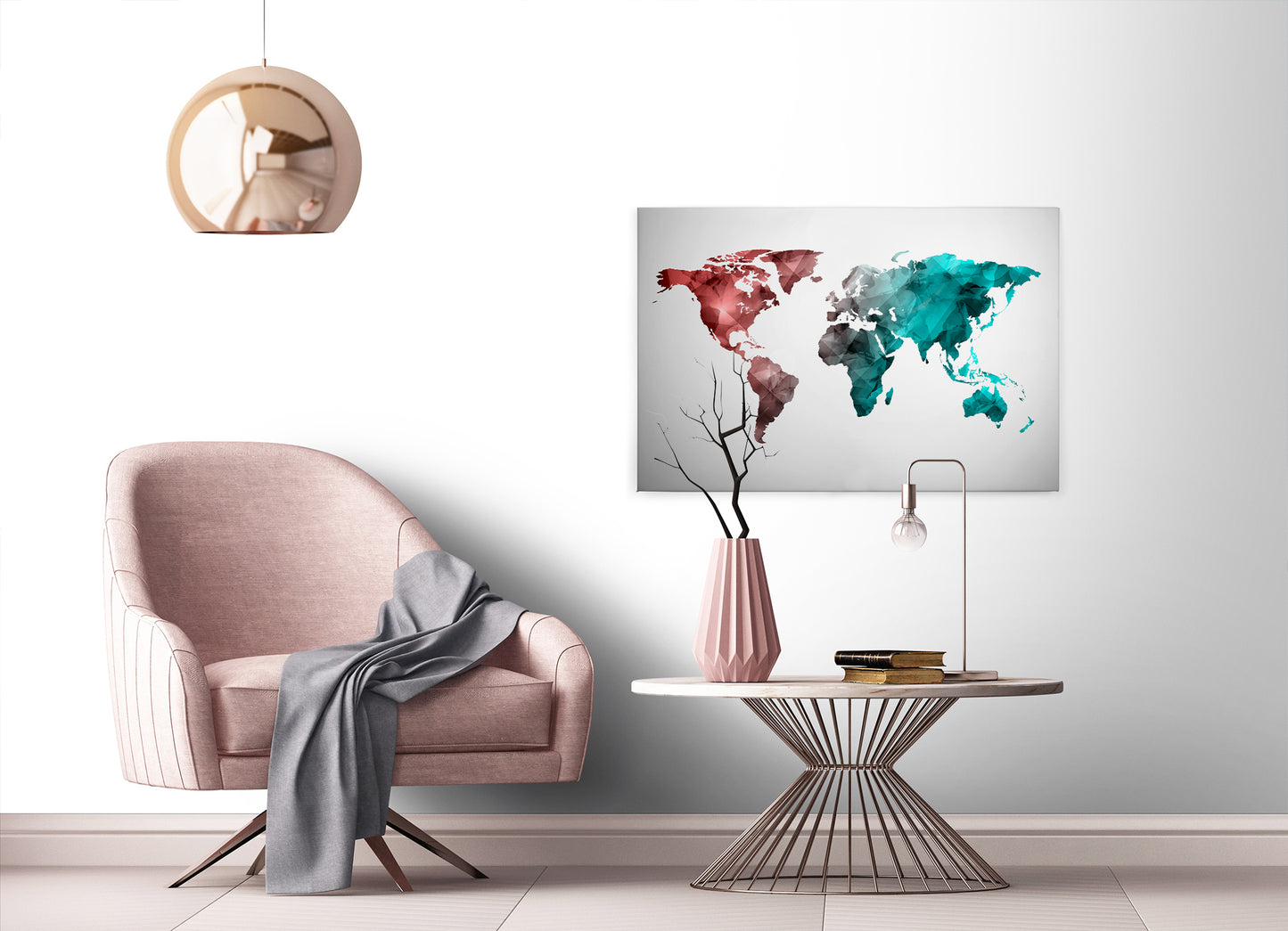 Weltkarte Leinwandbild Blau Rot Grau 90x60 DD120342 Wandbild Leinwand Modern
