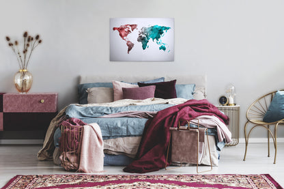 Weltkarte Leinwandbild Blau Rot Grau 90x60 DD120342 Wandbild Leinwand Modern