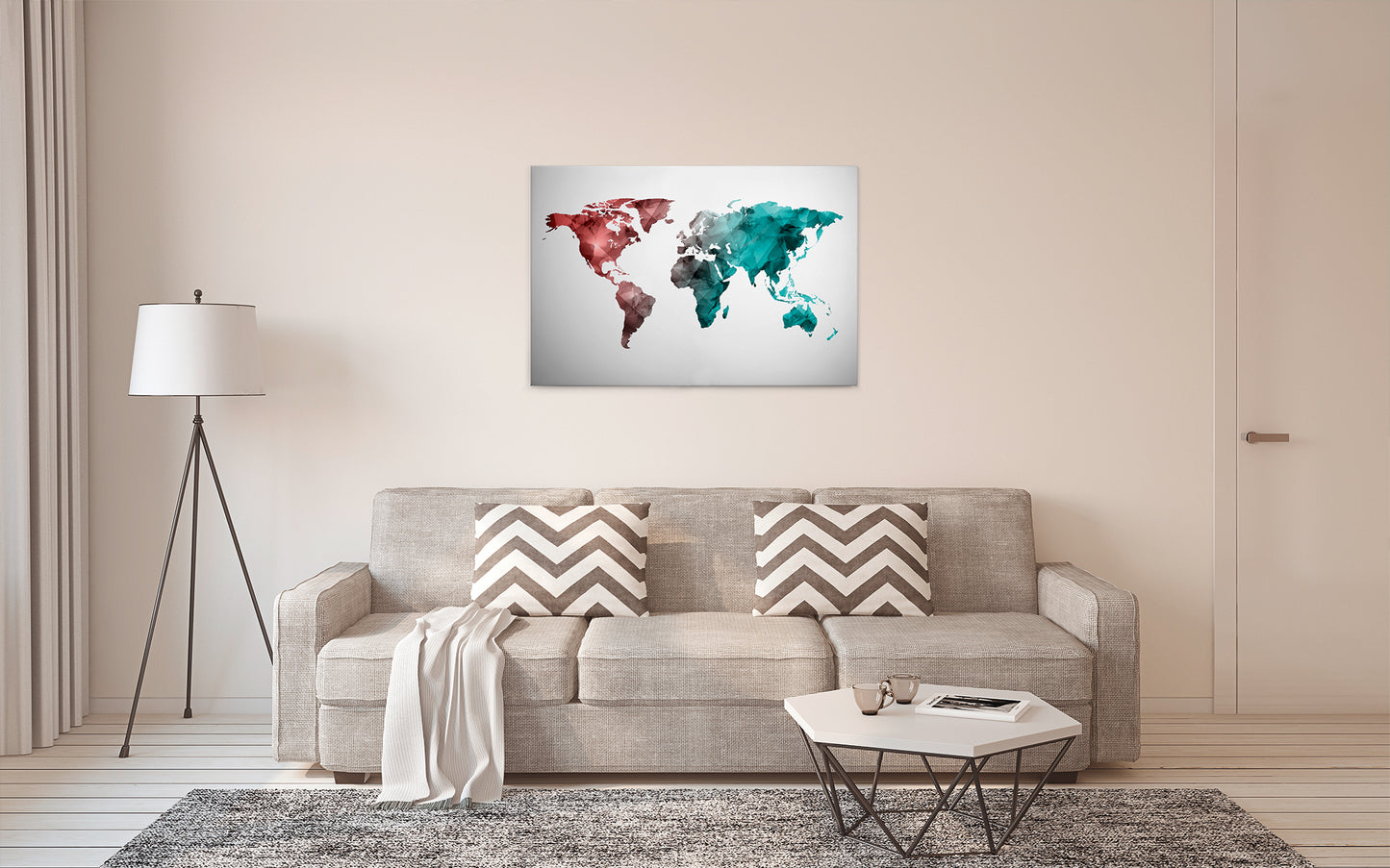 Weltkarte Leinwandbild Blau Rot Grau 90x60 DD120342 Wandbild Leinwand Modern