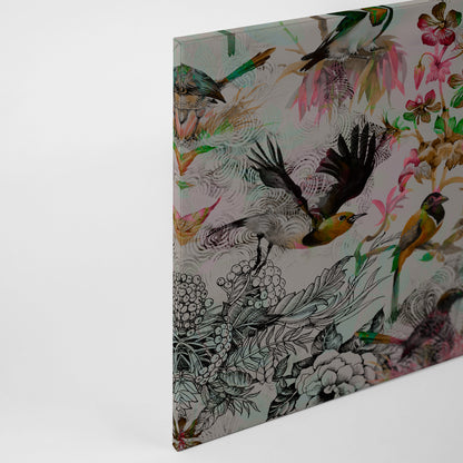 Vögel Leinwandbild Grau Rosa Grün 90x60 DD120343 Keilrahmen Wandbild Leinwand