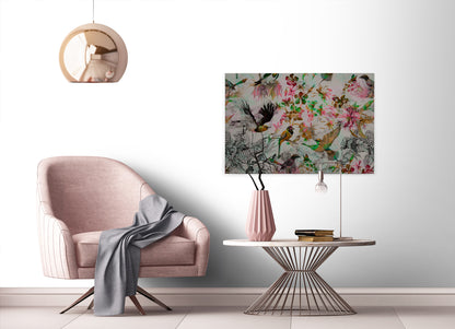 Vögel Leinwandbild Grau Rosa Grün 90x60 DD120343 Keilrahmen Wandbild Leinwand